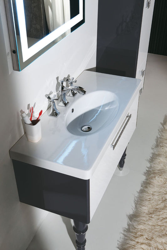 Mobile da bagno sospeso e specchio rettangolare - Misura: 99x46x99 cm - Finitura: Finitura Bianco e grigio antracite lucido - Top: Consolle con lavabo integrato in ceramica cm 100 - colonna sospesa