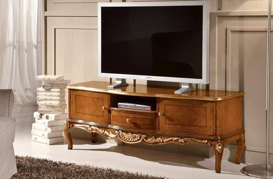 Base Porta Tvantevano e 1 cassetto, noce scuro, decorazioni oro -cm: 150 cm - 49 cm - H 56 cm ? 0,45 Mc ? Stile classico - - 100% Made in Italy (SF17)