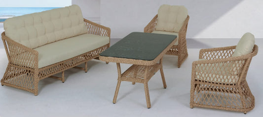 Dafne Italian Design Set mobili pranzo da giardino in rattan con 1 divano 3 posti, n.1 tavolo, n.2 poltrone