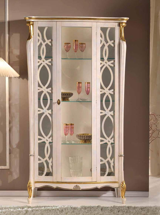 Dafne Italian Design Vetrina Stile Classico Laccato Bianco e Oro (cm. L. 109 - P. 40 - H. 195) (TVG)