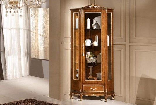 Dafne Italian Design Angoliera 1 anta 1 cassetto, noce scuro, decorazioni oro -cm: 50 cm - 26 + 61 cm - H 184 cm.H 9 cm .Stile classico - 100% Made in Italy (SF17)