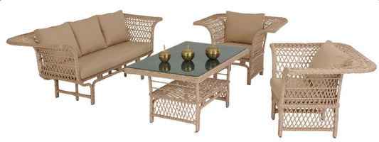 Dafne Italian Design Set mobili pranzo da giardino in rattan con 1 divano 3 posti, n.1 tavolo, n.2 poltrone