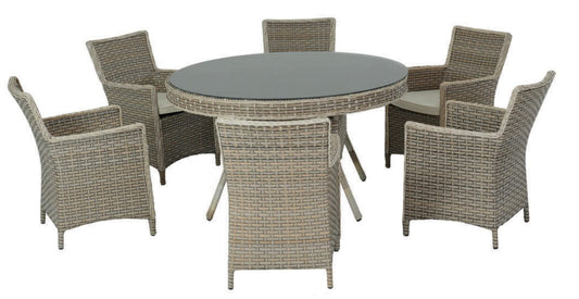 Salotto da pranzo da giardino con n.6 poltrone e n.1 tavolo tondo Ø140 cm. in rattan sintetico con piano in vetro