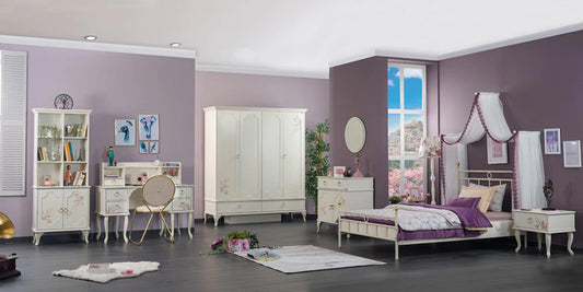 Dafne Italian Design Cameretta Completa per Ragazza New Alacati Stile Romantico con Letto ad Una Piazza e Mezza Colore Crema e Stampe Floreali Rosa.