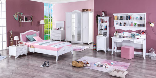 TUTTOCAMERETTE.IT - Cameretta completa per ragazza stile beux art colore bianco: letto, materasso, biancheria letto, comodino, armadio, comò, specchio, scrivania con libreria, libreria, pouf - [LVT]