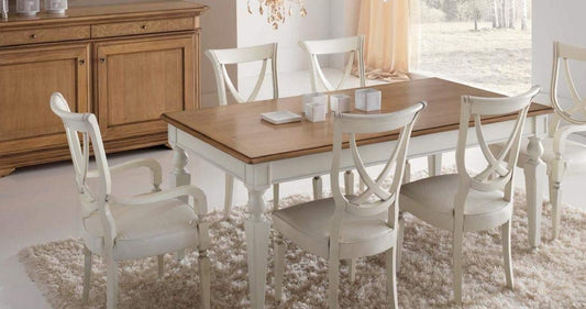 Tavolo allungabile, colore legno chiaro e avorio, chiuso 180x95, aperto 255x95, H.78, 70 Kg, Struttura: piano in legno massiccio legno tiglio o noce intarsiato c/acero bianco.100% Made in Italy