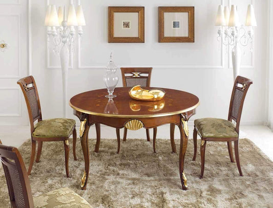 Dafne Italian Design Tavolo con sedie stile classico noce scuro e rifiniture oro- ? 140 cm (allungabile 100 cm) ? H 79 cm. Sedia-cm: 49X54X H 100 cm - 100% Made in Italy (SF17)
