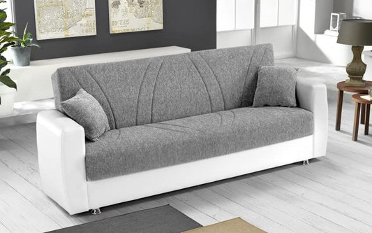 Dafne Italian Design Divano 3 posti bianco e grigio in similpelle e tessuto - 220 x 88 x 83h cm., vano contenitore, trasformabile in letto una piazza e mezza