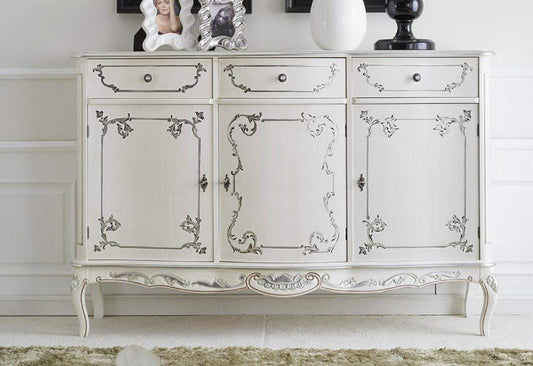 Dafne Italian Design Credenza 3 ante 3 cassetti, colore bianco, decorazioni argento -cm: 150 cm - 49 cm - H 100 cm. Stile classico - 100% Made in Italy (SF17)
