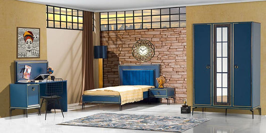 Dafne Italian Design TUTTOCAMERETTE.IT - Cameretta completa per ragazzi stile industrial blu. Comprende letto, materasso, comodino, armadio, scrivania - [LVT]