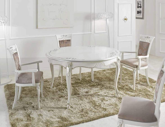 Dafne Italian Design Tavolo rotondo da soggiorno e sala da pranzo, colore bianco con decorazioni-? 140 cm (allungabile 100 cm) - H 79 cm - 100% Made in Italy (SF17)