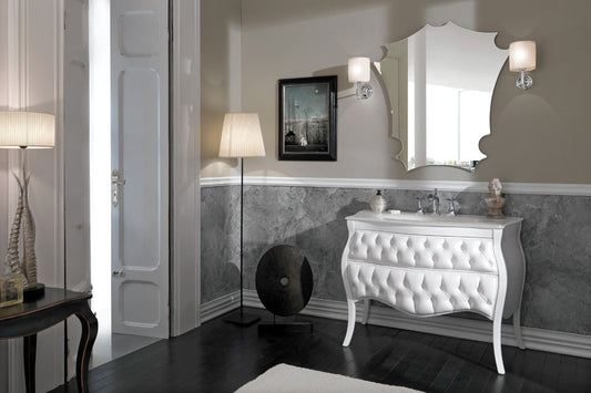 Dafne Italian Design Mobile da bagno classico - Misura: L.106 H.82 P.57 - Finitura: Bianco lucido e capitonnè Bianco - Top: cristallo integrato bianco - 100% made in Italy