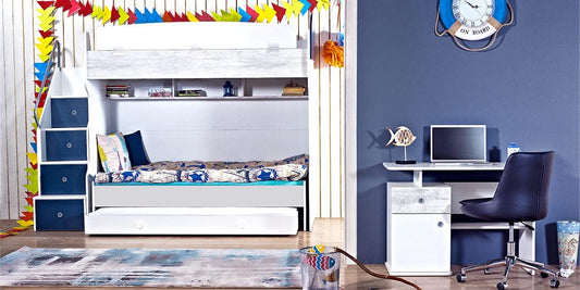 Dafne Italian Design TUTTOCAMERETTE.IT - Cameretta completa per ragazzi stile nordico blu e bianco. Comprende letto a castello, letto scorrevole, materassi, scrivania, sedia - [LVT]