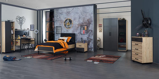 TUTTOCAMERETTE.IT - Cameretta completa per ragazzi stile moderno colore grigio antracite e legno, comprende: letto con materasso, comodino, armadio, comò, scrivania, sedia, libreria - [LVT]