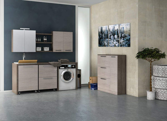 Dafne Italian Design Mobile lavanderia L.202 P.63 Rovere, Top Legno c/lavabo in Politek - Lampada led - Pensile 2 ante - Specchio contenitore - Carrelli sotto lav., cassettone, Tavoletta lavapanni