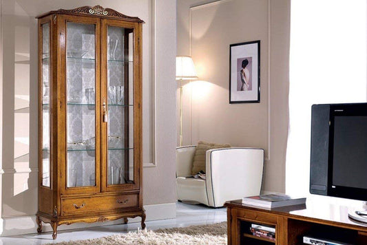 Dafne Italian Design Vetrina 2 ante e un cassetto, noce scuro, schienale tappezzato -cm: 90 cm - 35 cm - H 184 cm - 100% Made in Italy (SF17)