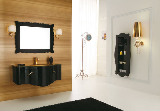 Dafne Italian Design Mobile lavabo stile classico, nero lucido. Top in cristallo integrato in foglia oro - cm. 105-100% made in Italy