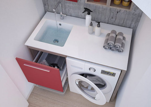 Dafne Italian Design Mobile lavanderia, L127 cm P50 cm, Lavabo In Ocritech, Vasca Integrata, Lampada led, Top legno L62 P50, Base p/Lavabo 2 ante, Specchio contenitore,Tavoletta lavapanni