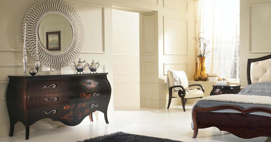 Dafne Italian Design Com� grande, sei cassetti, colore ebano, decorazione foglia, 96X60X174, 120 Kg, Piano: legno massiccio - Ante: curvate pioppo - Piedi: legno massiccio tiglio-100% Made in Italy