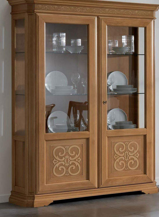 Dafne Italian Design Vetrina 2 ante, legno chiaro,220X50X165, 81 Kg, impiallacciato noce nazionale ed intarsiato con acero bianco