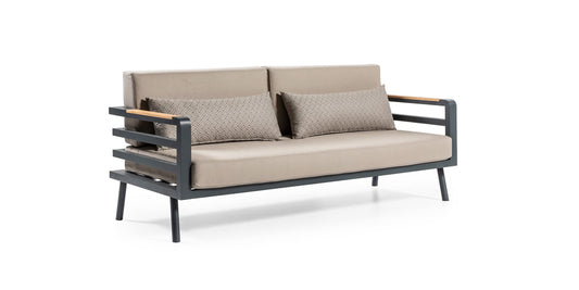 Dafne Italian Design Salotto da giardino per uso professionale, in alluminio antracite, cuscini beige chiaro/corda compresi. n.1 divano 3 posti, n.2 poltrone, n.1 tavolino.