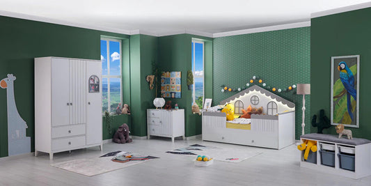 Dafne Italian Design Cameretta Completa per Bambini My Way Monterossi con Letto a Forma di casetta Colore Bianca e Grigia.