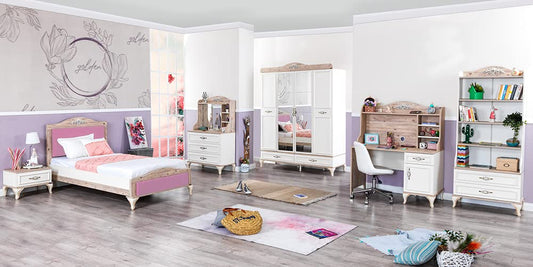 TUTTOCAMERETTE.IT - Cameretta completa per ragazze e bambine stile Luigi XVI rosa comprende letto, materasso, comodino, armadio, scrivania, comò con specchio, libreria, tappeto - [LVT]