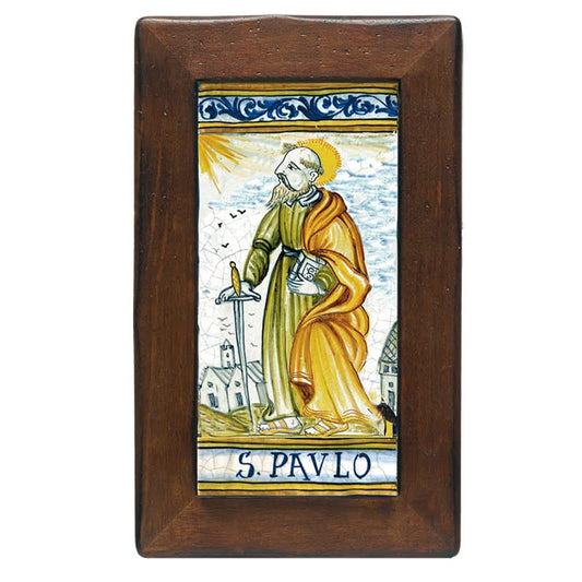 Piastrella in ceramica con cornice in legno raffigurante San Paolo - Dimensioni: 9,9 x 19,8 cm. Made in Italy.