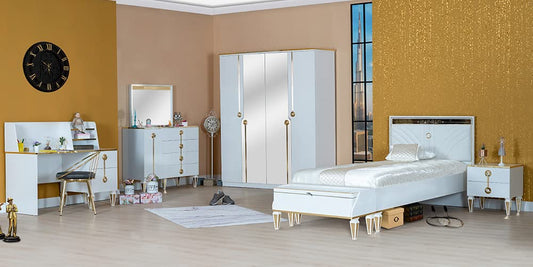 TUTTOCAMERETTE.IT - Cameretta completa per ragazzi stile elegante bianca ed oro comprende: letto, materasso, panca fondo letto, comodino, armadio, comò, scrivania, sedia, copriletto, tappeto - [LVT]
