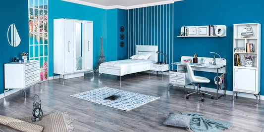 TUTTOCAMERETTE.IT - Cameretta completa per ragazzi bianca stile contemporaneo. Comprende letto, materasso, comodino, armadio, comò, scrivania, sedia, libreria, tappeto arredo [LVT]