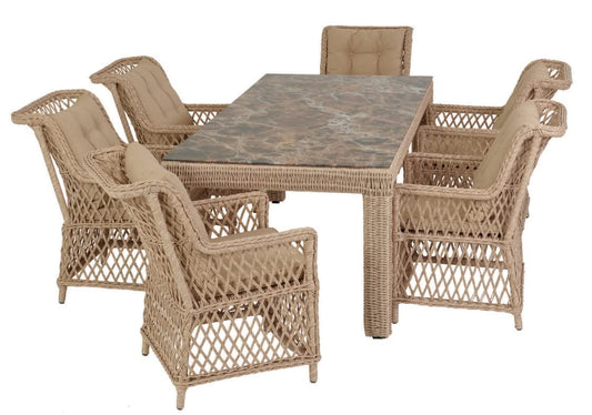 Salotto pranzo da giardino con n.6 poltrone e n.1 tavolo 100x200 in rattan sintetico