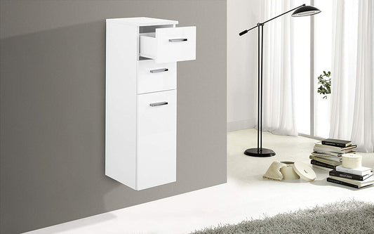 Dafne Italian Design Semicolonna bagno bianca cm. 27 x 34 x 92h sospesa a 2 cassetti e 1 anta con apertura a destra, maniglie cromate e ripiano interno..