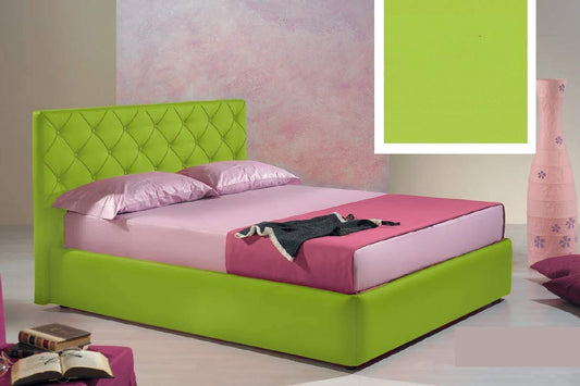 Letto una piazza e mezza contenitore, similpelle lavabile, lavorazione capitonn?, colore verde lime - Dimensioni: Larghezza 136 x 210 x H 100 cm - per materasso 120 x 190. - 100% Made in Italy (SFI)