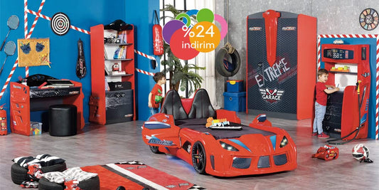 TUTTOCAMERETTE.IT - Cameretta completa per ragazzi stile macchina sportiva da corsa colore rosso e nero comprende: letto con materasso, armadio, comò, scrivania, pouf, libreria - [LVT]