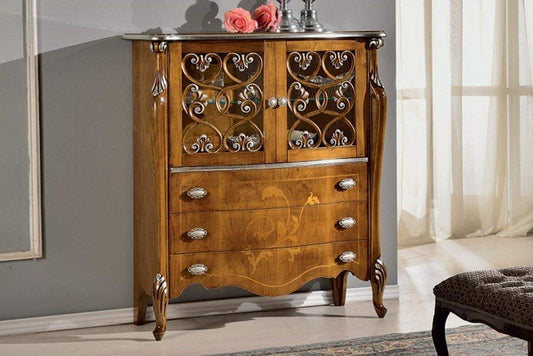 Dafne Italian Design Vetrina 2 ante e 3 cassetti, decorazioni argento -cm: 107 cm - 40 cm - H 120 cm, Stile classico - 100% Made in Italy (SF17)