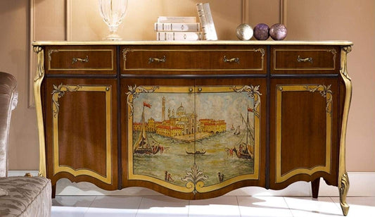Credenza 4 ante 3 cassetti, decoro Veneziano, colore legno scuro, decorazioni oro - Dimensioni: 197 cm - 50 cm - H 100 cm ? 1,16 Mc ? Stile classico -100% Legno - 100% Made in Italy (SF17)