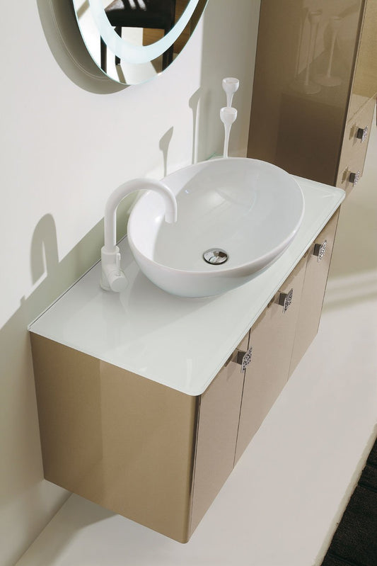 Dafne Italian Design Mobile da bagno sospeso Beige Misura: L.99 P.45 cm - cassetti e specchio tondo - lavabo a bacinella - Top in Cristallo - pensile sospeso - 100% made in Italy