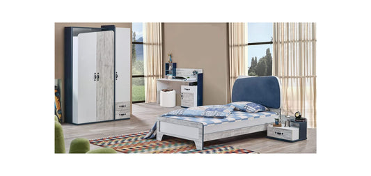 Dafne Italian Design TUTTOCAMERETTE.IT - Cameretta completa per ragazzi stile contemporaneo bianco, grigio chiaro e blu. Comprende letto, materasso, comodino, armadio, scrivania - [LVT]
