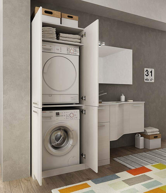 Dafne Italian Design Mobile lavanderia porta lavatrice e cesti bucato - Misura: L.206 P.62/35 cm Finitura: Rovere Tranche? Bianco Top: Top Lavabo In Ocritech - 100% made in Italy
