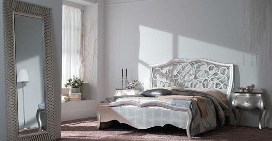 Dafne Italian Design Letto matrimoniale argento, testiera traforata, 133X205X185 - per rete 160X190, 65 Kg,Testiera e pediera: noce toulipier, Usare rete H totale cm 40.
