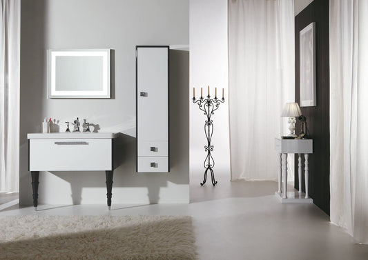 Mobile da bagno sospeso e specchio rettangolare - Misura: 99x46x99 cm - Finitura: Finitura Bianco e grigio antracite lucido - Top: Consolle con lavabo integrato in ceramica cm 100 - colonna sospesa