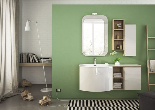 Dafne Italian Design Mobile da bagno sospeso bianco lucido misura 130xP50/36 cm - Specchio con luci led - pensile - scaffale - vani a giorno e chiusi100% made in Italy