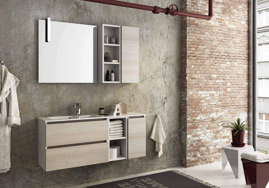 Mobile da bagno sospeso colore rovere chiaro Misura: L.190 P.35 H. 50 cm; lavabo bianco In Ocritech Con Vasca Integrata ,specchio con luci a led,2 pensili sospesi Misura: L.190 P.35 H. 50 cm
