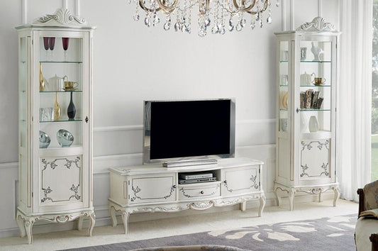 Base Porta Tvantevano e 1 cassetto, colore bianco, decorazioni argento -cm: 150 cm - 49 cm - H 56 cm ? 0,45 Mc ? Stile classico - - 100% Made in Italy (SF17)