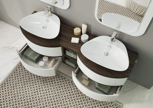 Dafne Italian Design Mobile da bagno con 2 lavabi in ceramica finitura Rovere Tabacco e Laccato Bianco Lucido - Misura: L.165 P.50/36 cm - due specchi- 100% made in Italy