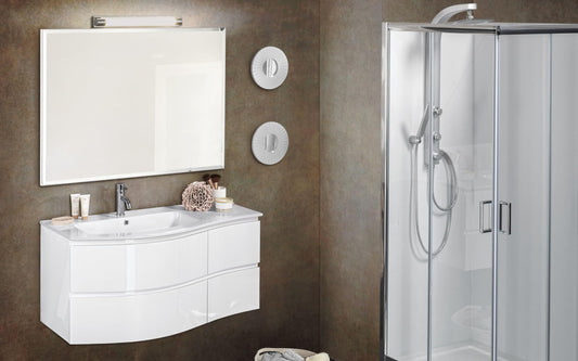 Dafne Italian Design Mobile da bagno componibile sospeso Elegance bianco laccato lucido cm 110 x 55 x 189 (base, lavabo in vetro, specchio)
