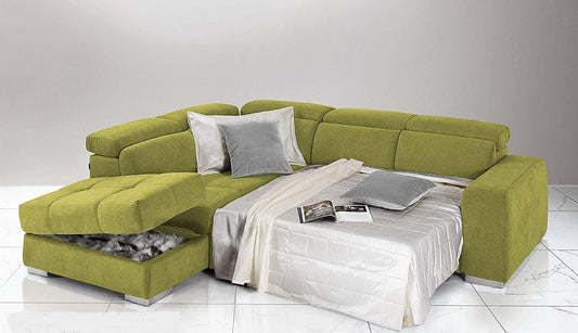 Dafne Italian Design Divano Letto angolare 3 posti con penisola a Sinistra. Tessuto Romeo Verde Acido (cm. 266 x 230 x 94h)
