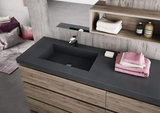 Dafne Italian Design Mobile da Bagno a Terra con Top Nero e Ante e cassetti Color Rovere con Specchio con Luce a LED Come da Foto + n. 3 Pensili a 1 Anta H 120 x L 25 cm - 100% Made in Italy