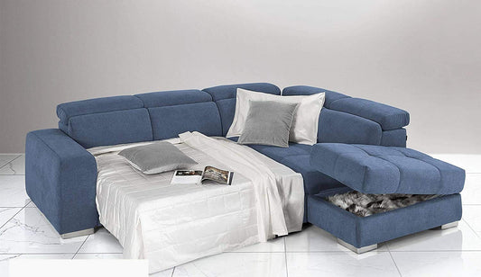 Dafne Italian Design Divano Letto angolare 3 posti con penisola a Destra. Tessuto Romeo Denim (cm. 266 x 230 x 94h)