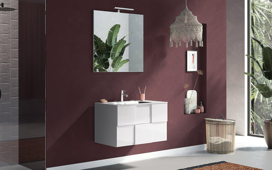 Mobile da bagno componibile sospeso "Dame" color bianco lucido cm. 80 x 45 x 85 (base, lavabo, specchio, pensile)